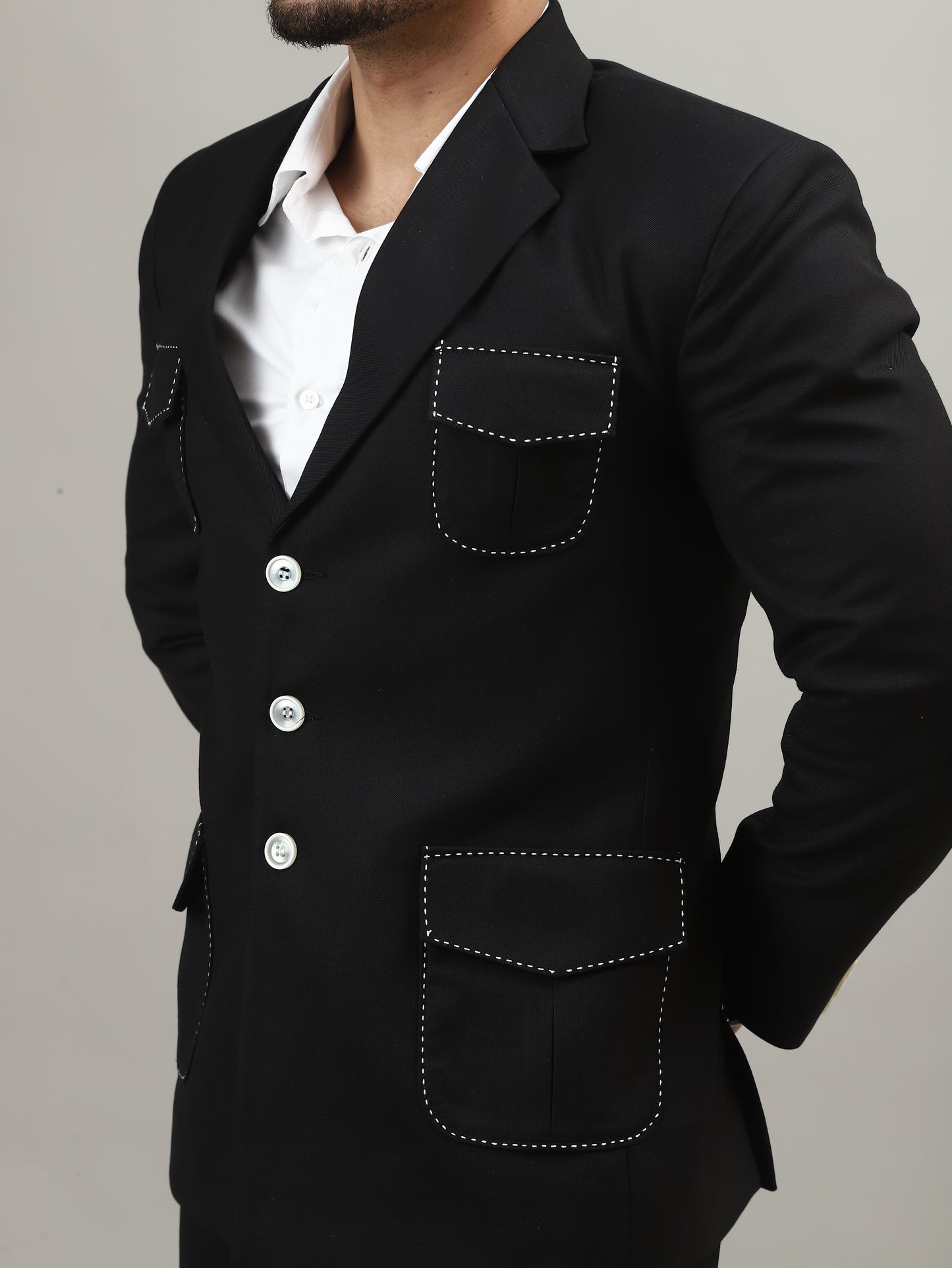 Classic Black Celebration Blazer with Contrast Pocket Detailing