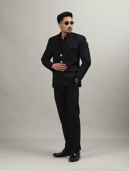 Black Celebration Blazer with Contrast Pocket Stitching