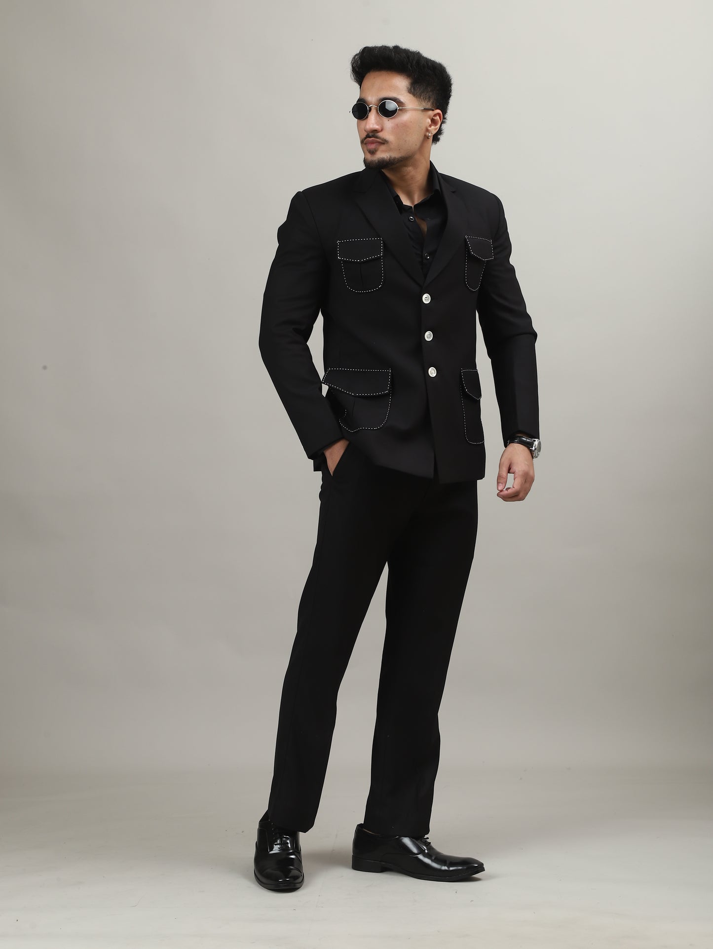Black Celebration Blazer with Contrast Pocket Stitching