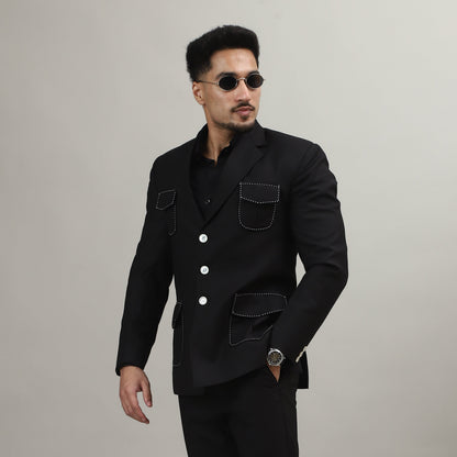 Black Celebration Blazer with Contrast Pocket Stitching