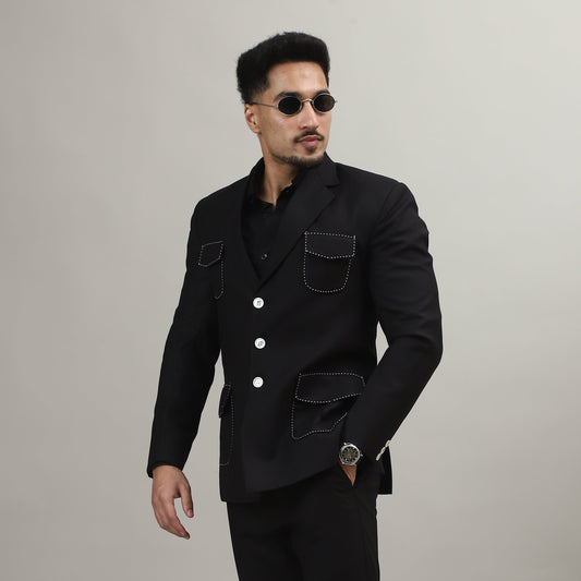Black Celebration Blazer with Contrast Pocket Stitching