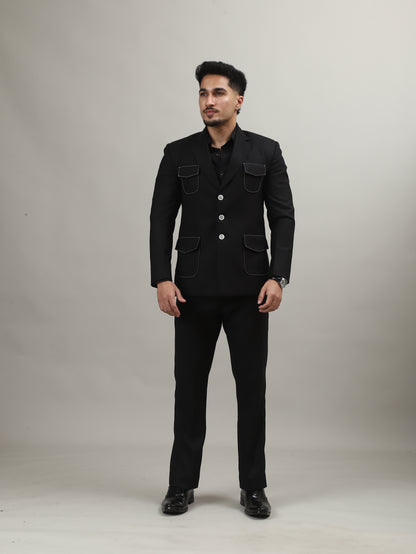 Black Celebration Blazer with Contrast Pocket Stitching