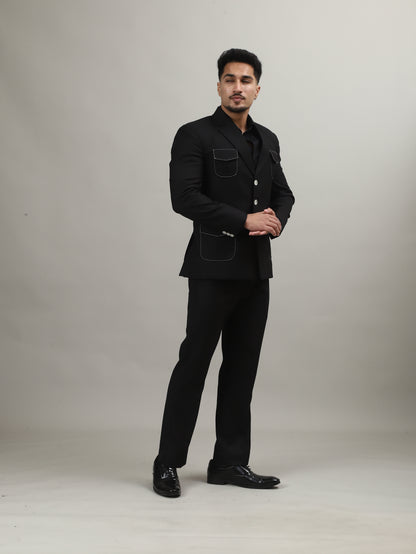 Black Celebration Blazer with Contrast Pocket Stitching