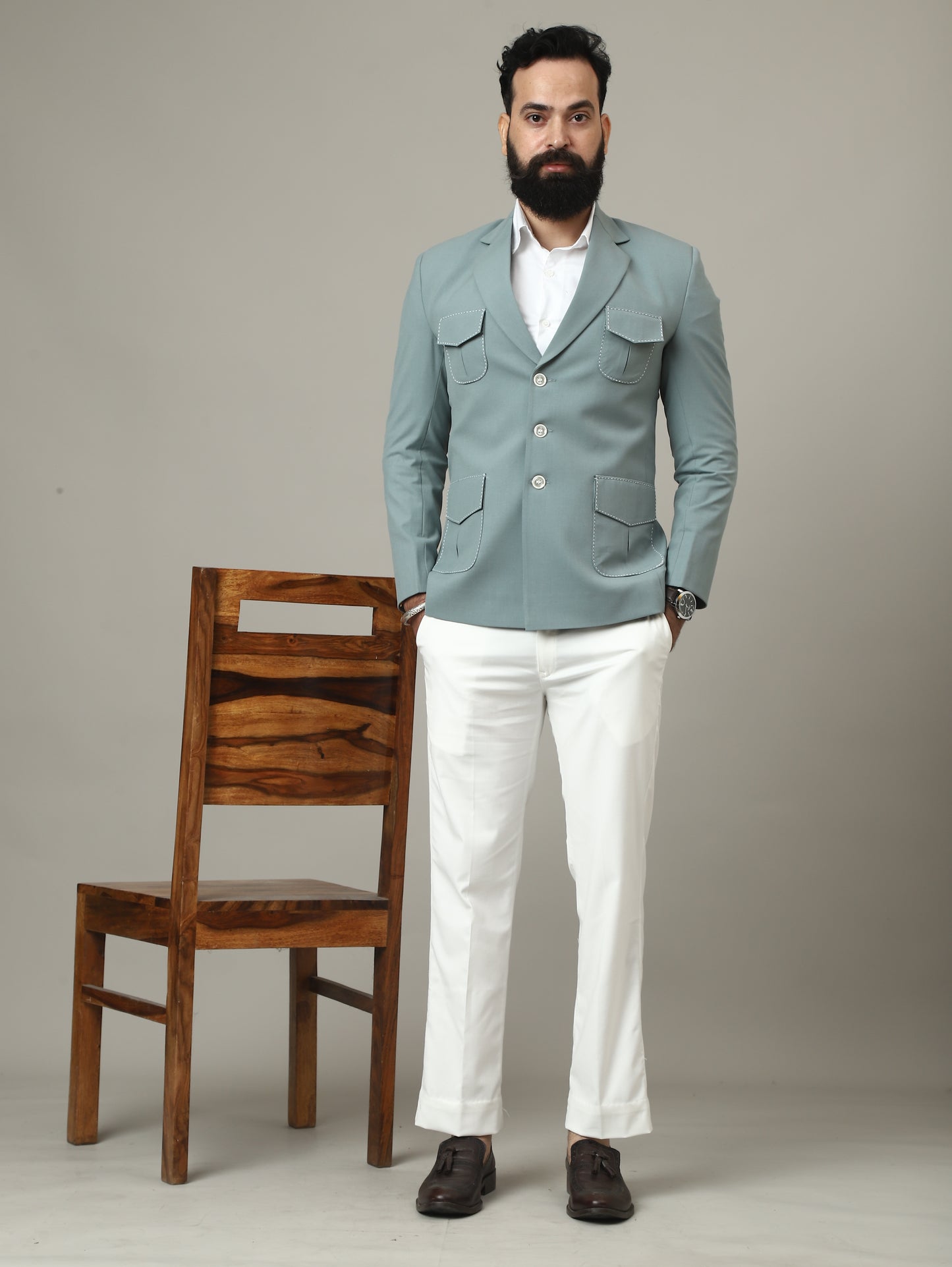 Mint Jade Premium Hunting Blazer with Contrast Pocket Detailing