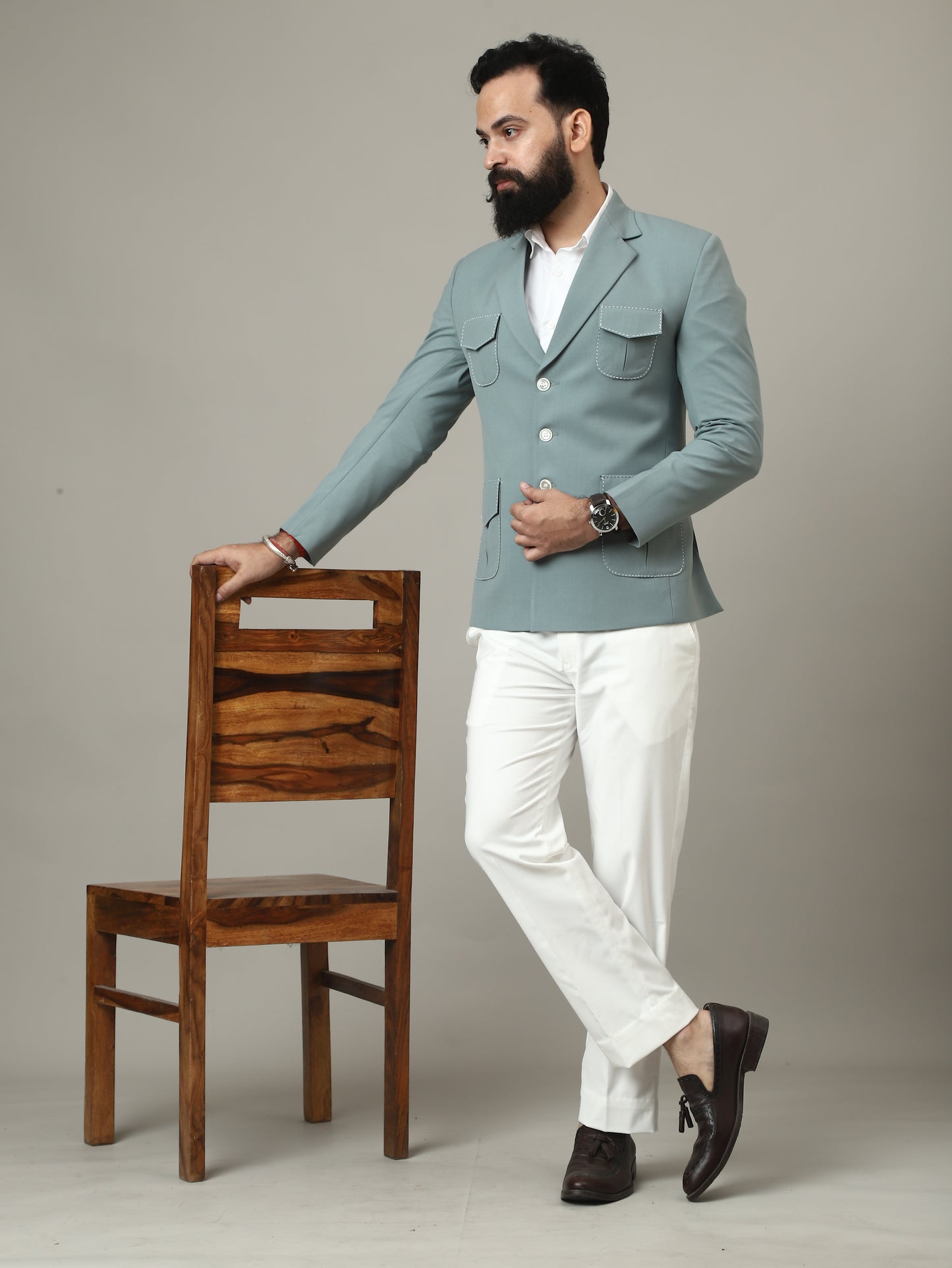 Mint Jade Premium Hunting Blazer with Contrast Pocket Detailing