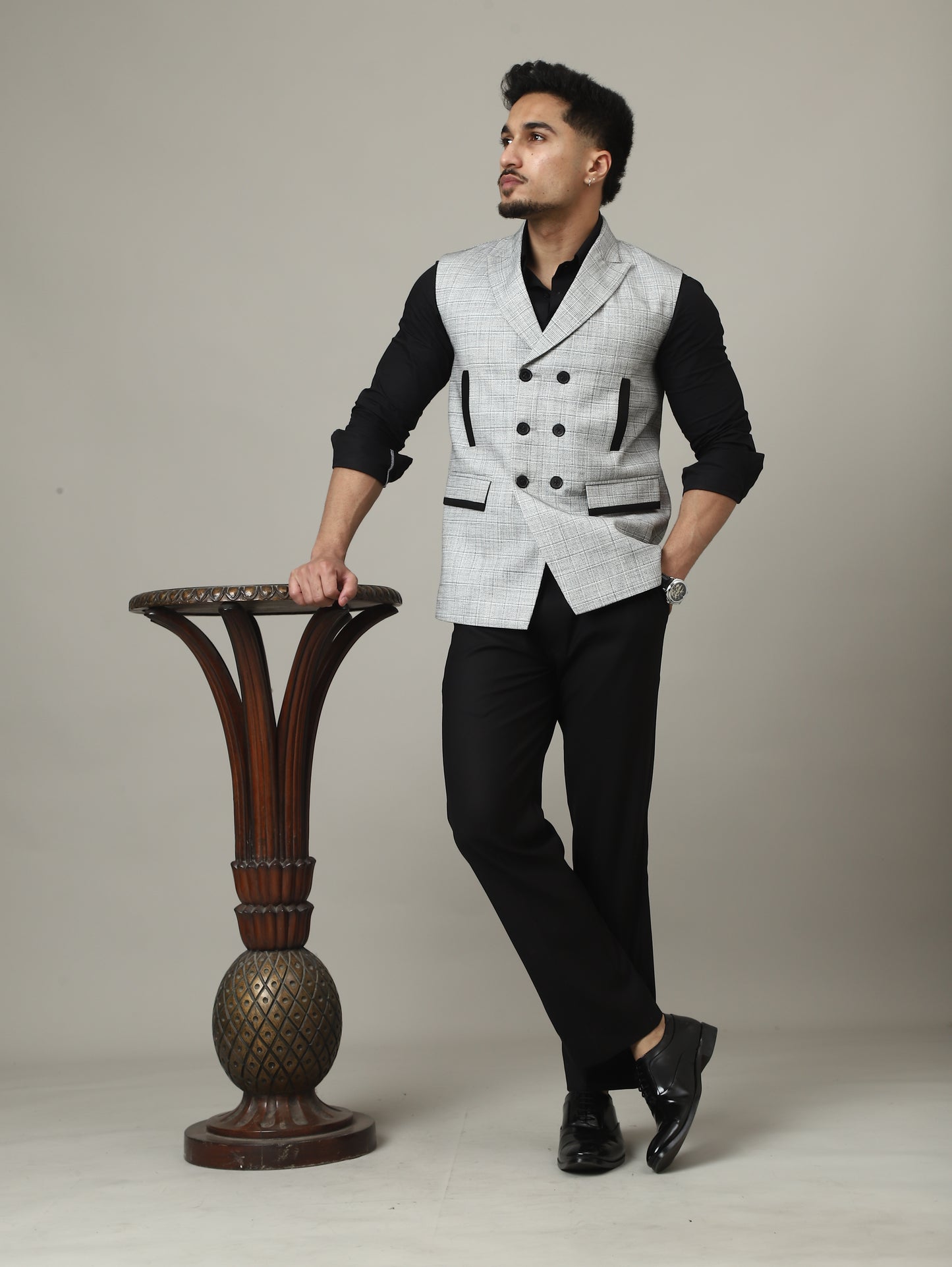 Ice Grey Double-Breasted Bandhgala Half-Jacket