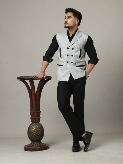 Ice Grey Double-Breasted Bandhgala Half-Jacket