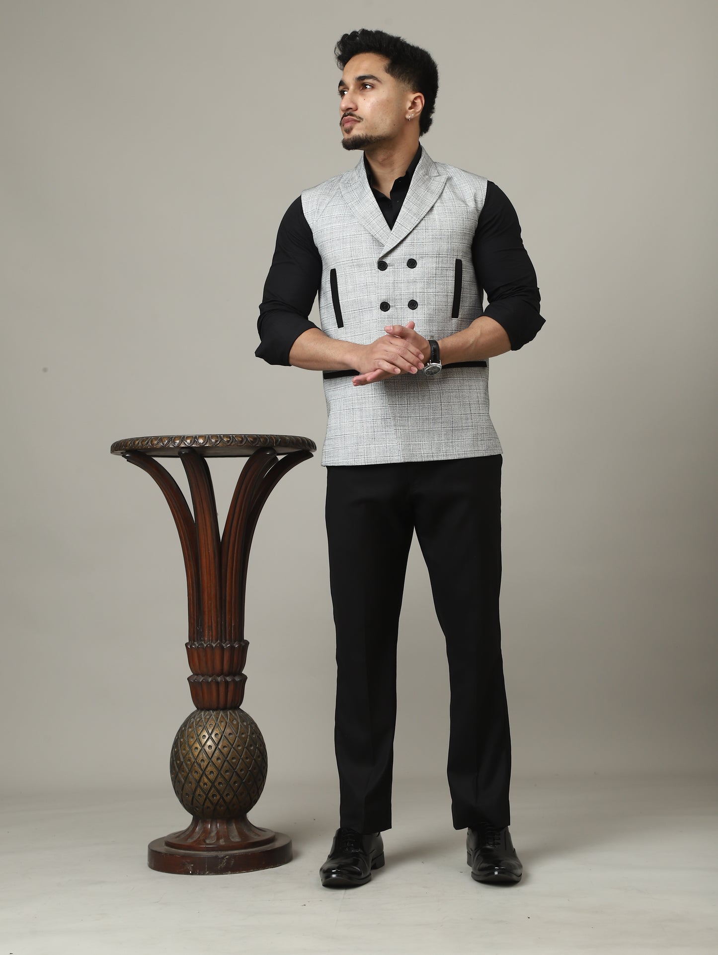 Ice Grey Double-Breasted Bandhgala Half-Jacket