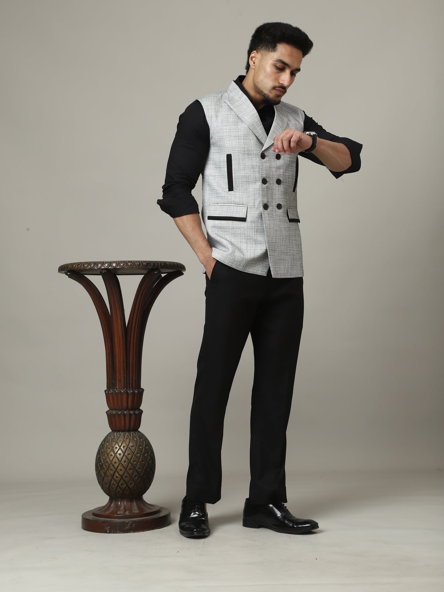 Ice Grey Double-Breasted Bandhgala Half-Jacket