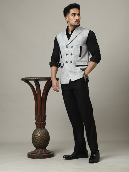 Ice Grey Double-Breasted Bandhgala Half-Jacket