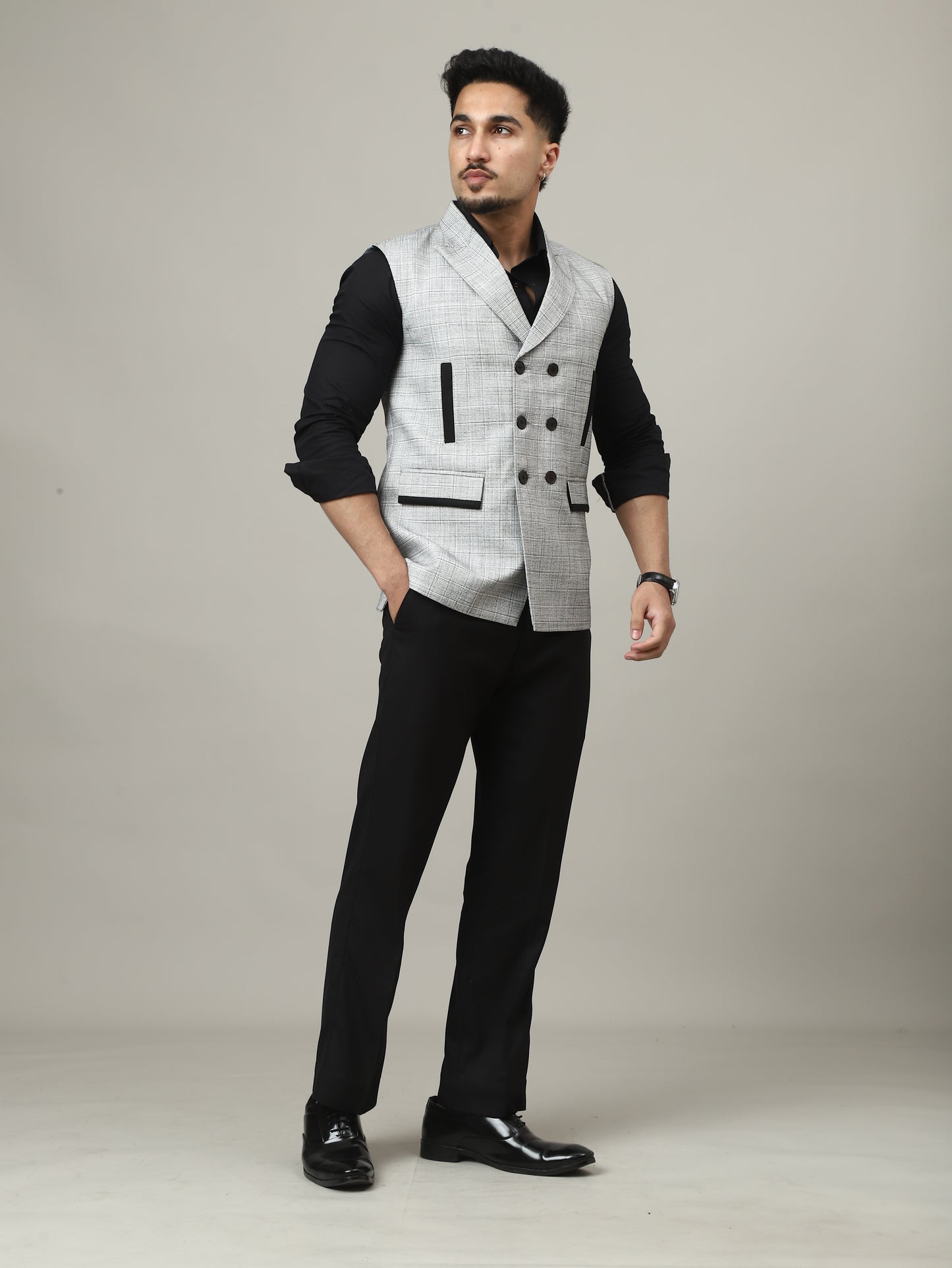 Ice Grey Double-Breasted Bandhgala Half-Jacket