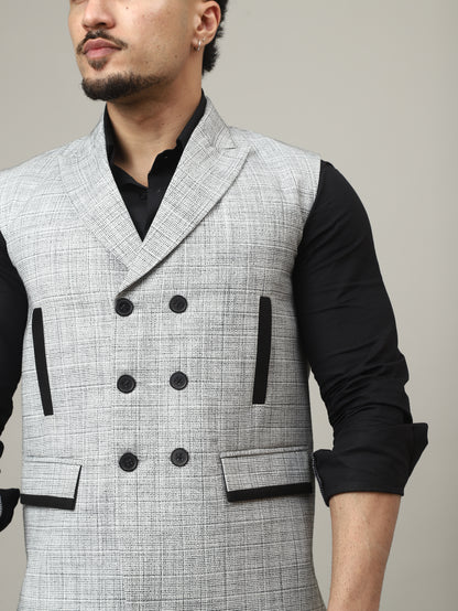 Ice Grey Double-Breasted Bandhgala Half-Jacket
