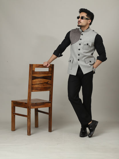 Ash Grey Striped Semi-Hunting Jacket with Suede Patch