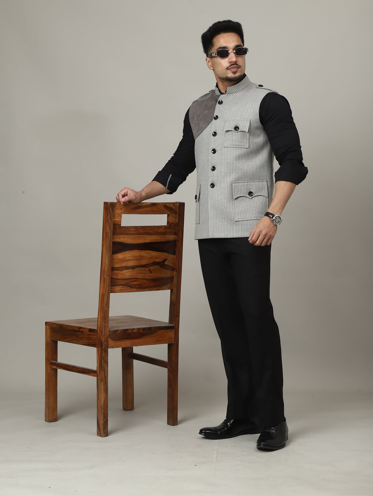 Ash Grey Striped Semi-Hunting Jacket with Suede Patch