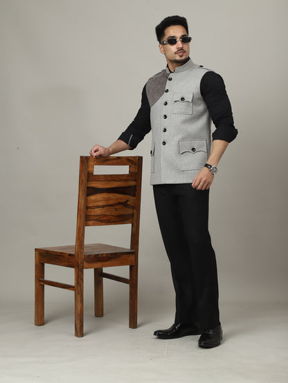 Ash Grey Striped Semi-Hunting Jacket with Suede Patch