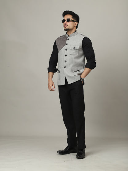 Ash Grey Striped Semi-Hunting Jacket with Suede Patch