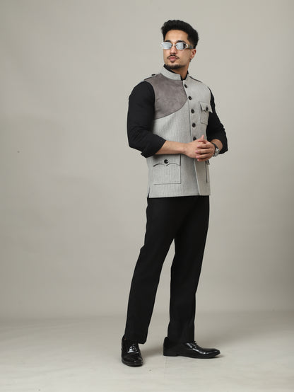 Ash Grey Striped Semi-Hunting Jacket with Suede Patch