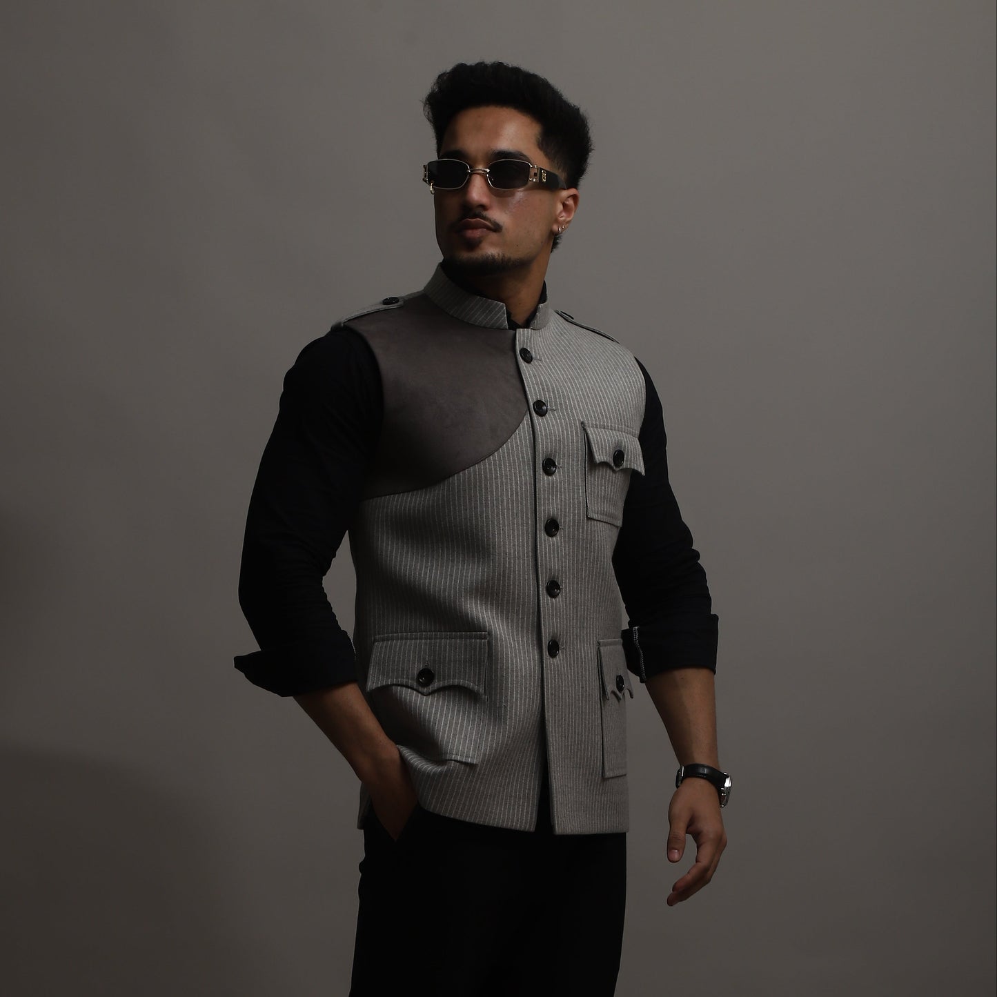 Ash Grey Striped Semi-Hunting Jacket with Suede Patch