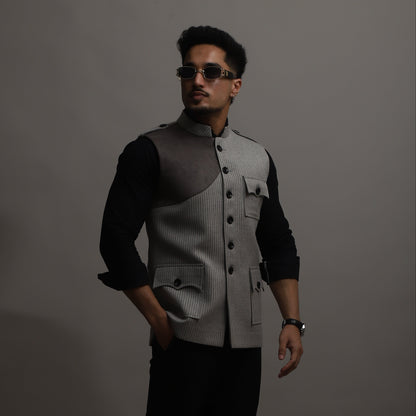 Ash Grey Striped Semi-Hunting Jacket with Suede Patch