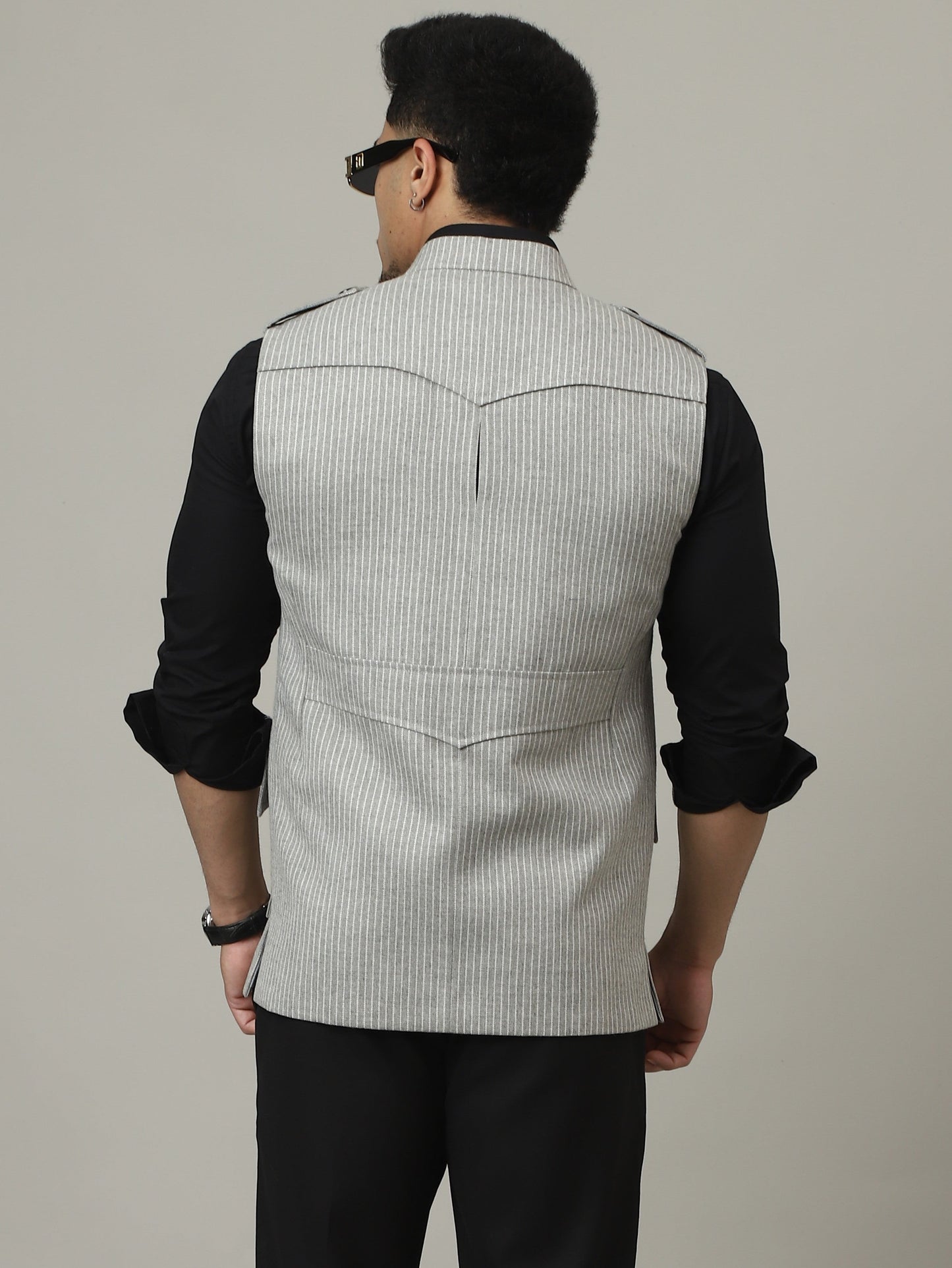 Ash Grey Striped Semi-Hunting Jacket with Suede Patch