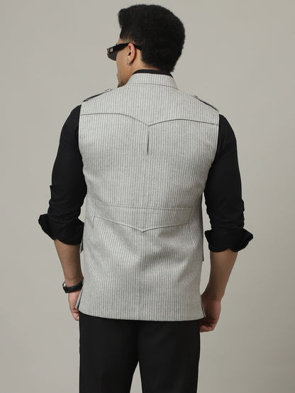 Ash Grey Striped Semi-Hunting Jacket with Suede Patch