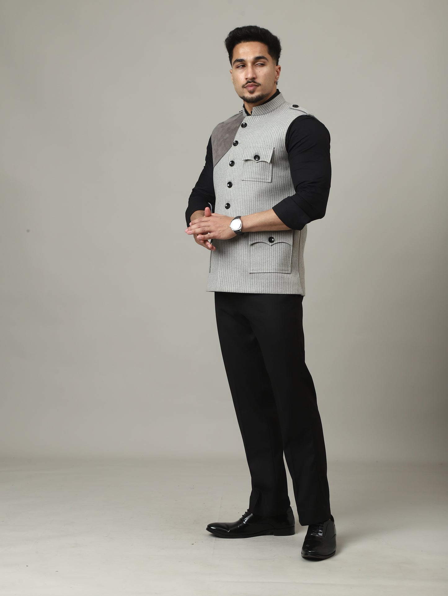 Ash Grey Striped Semi-Hunting Jacket with Suede Patch