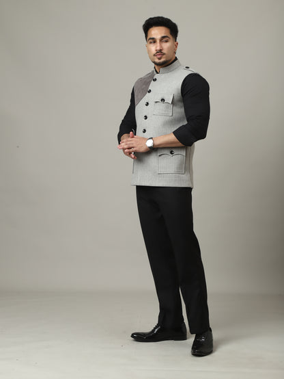 Ash Grey Striped Semi-Hunting Jacket with Suede Patch