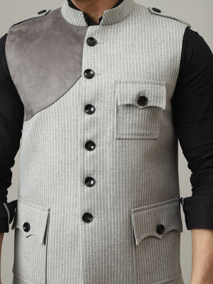 Ash Grey Striped Semi-Hunting Jacket with Suede Patch