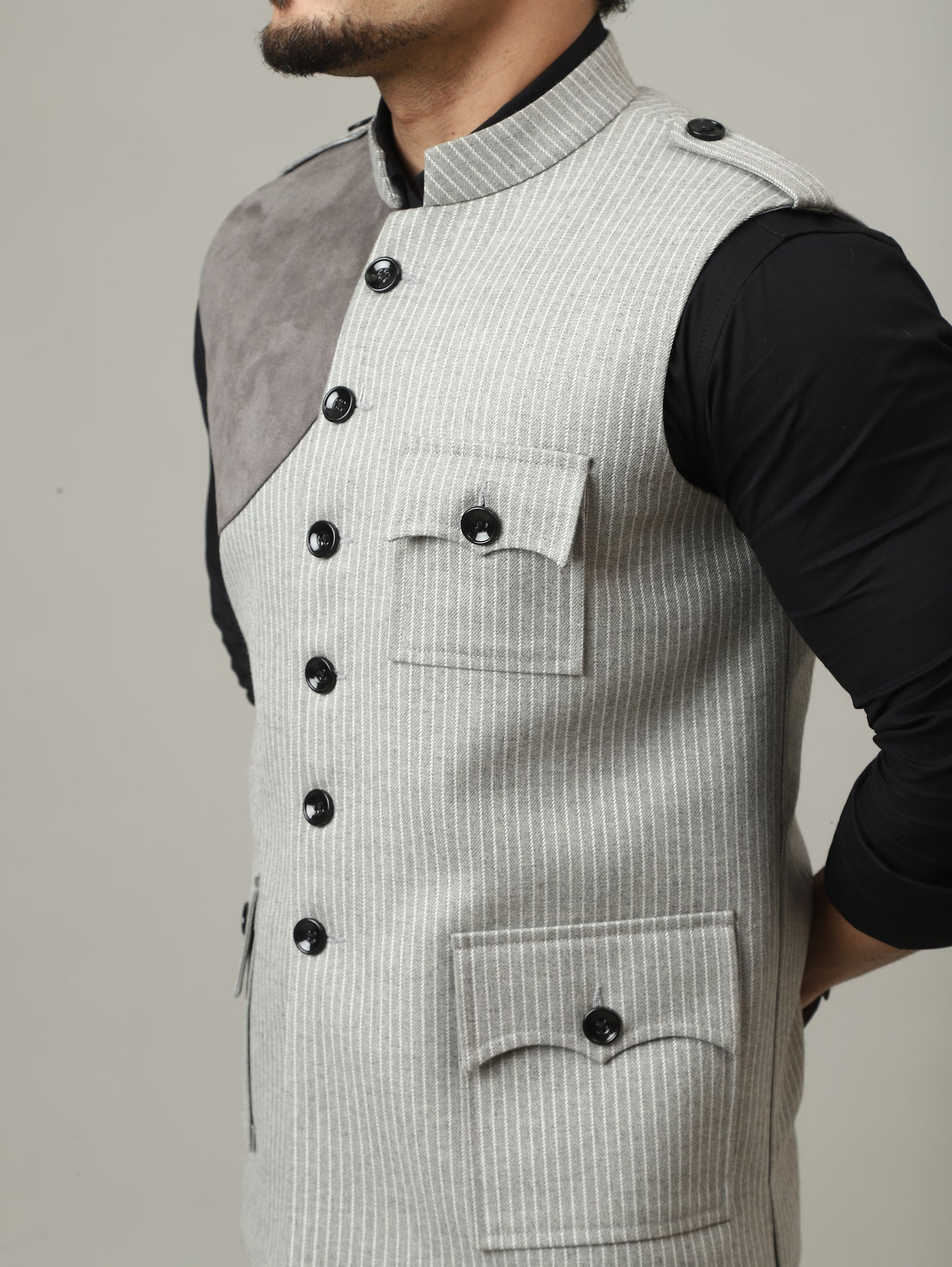 Ash Grey Striped Semi-Hunting Jacket with Suede Patch