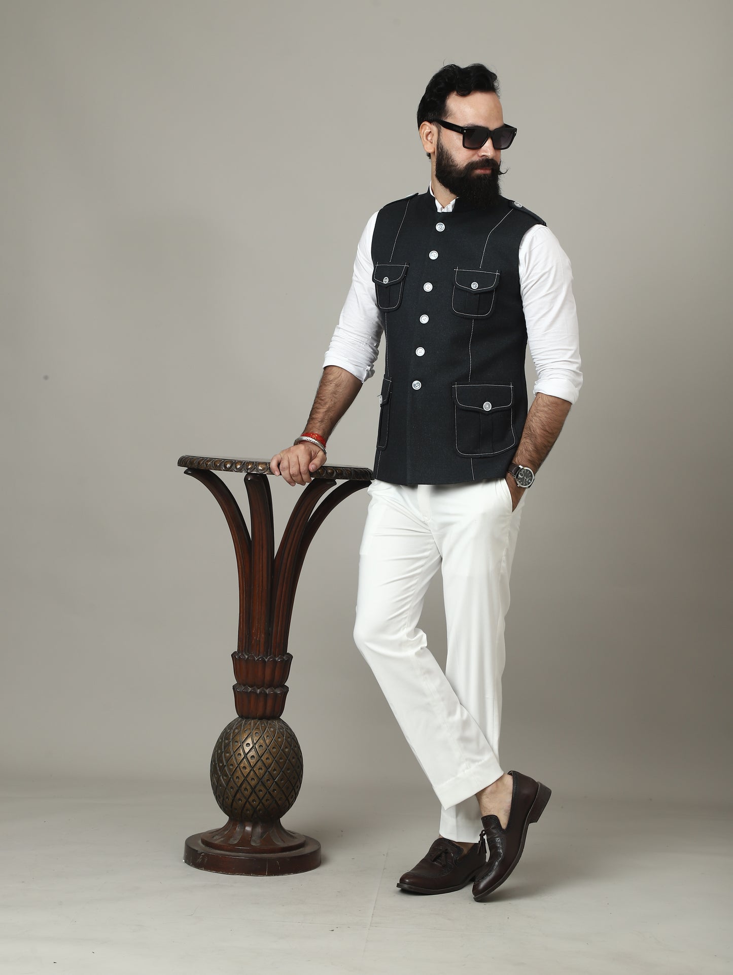 Black Tweed Semi-Hunting Waistcoat with Contrast Stitching