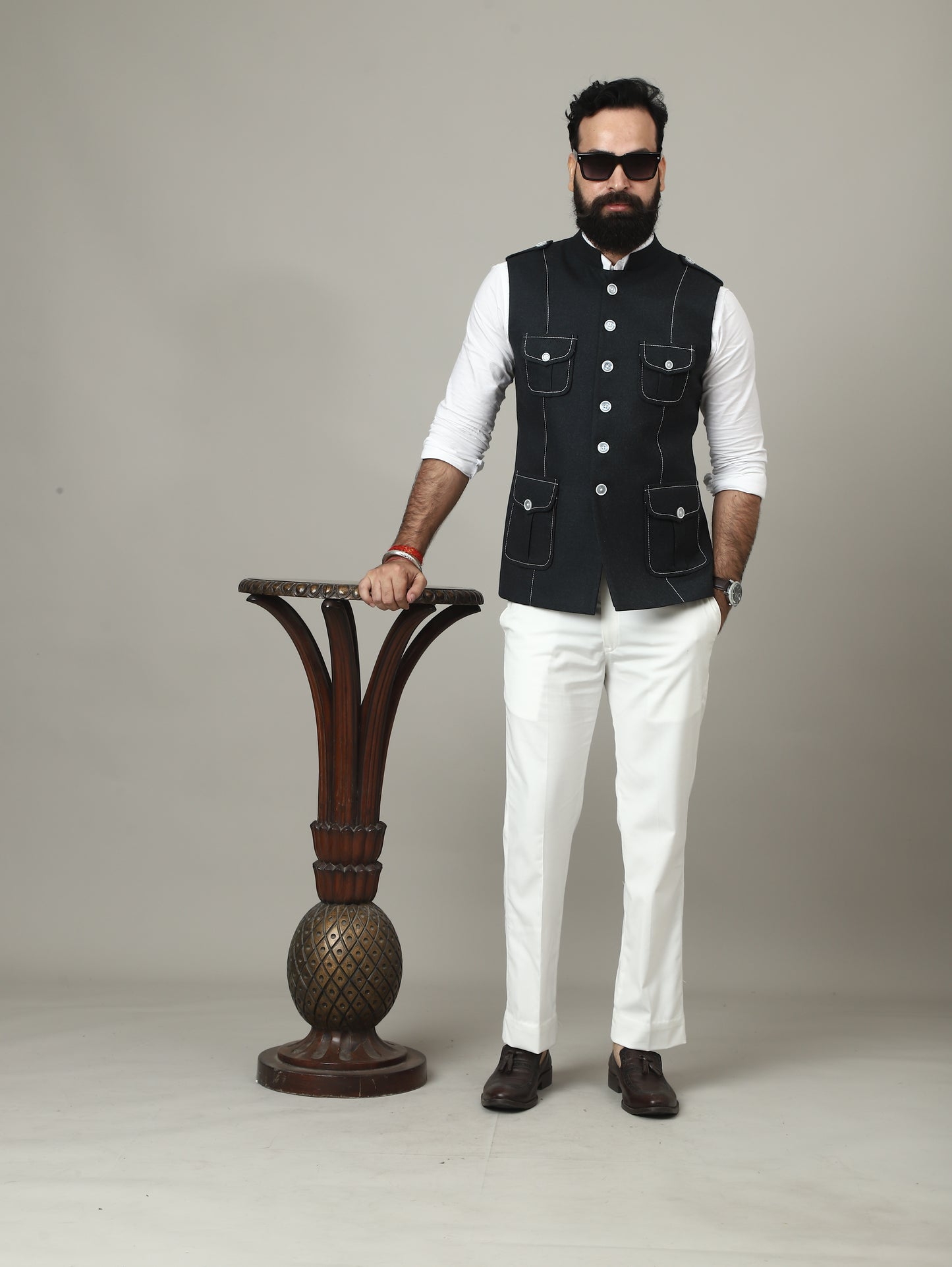 Black Tweed Semi-Hunting Waistcoat with Contrast Stitching