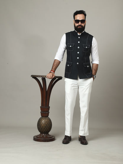 Black Tweed Semi-Hunting Waistcoat with Contrast Stitching