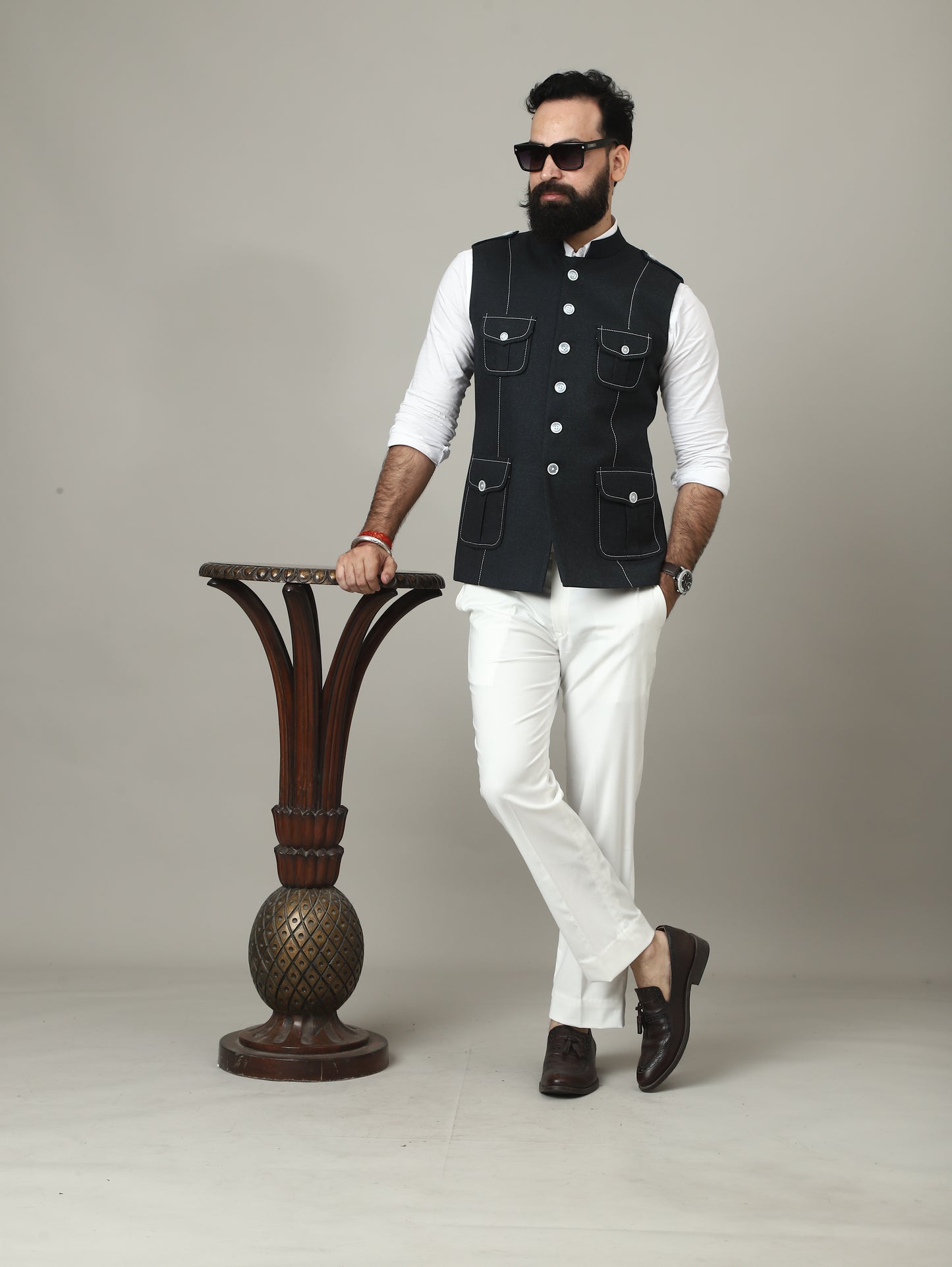 Black Tweed Semi-Hunting Waistcoat with Contrast Stitching