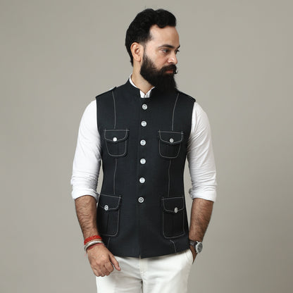 Black Tweed Semi-Hunting Waistcoat with Contrast Stitching