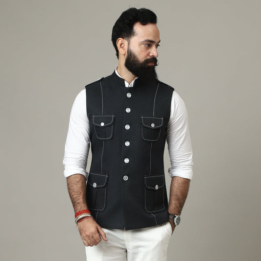 Black Tweed Semi-Hunting Waistcoat with Contrast Stitching