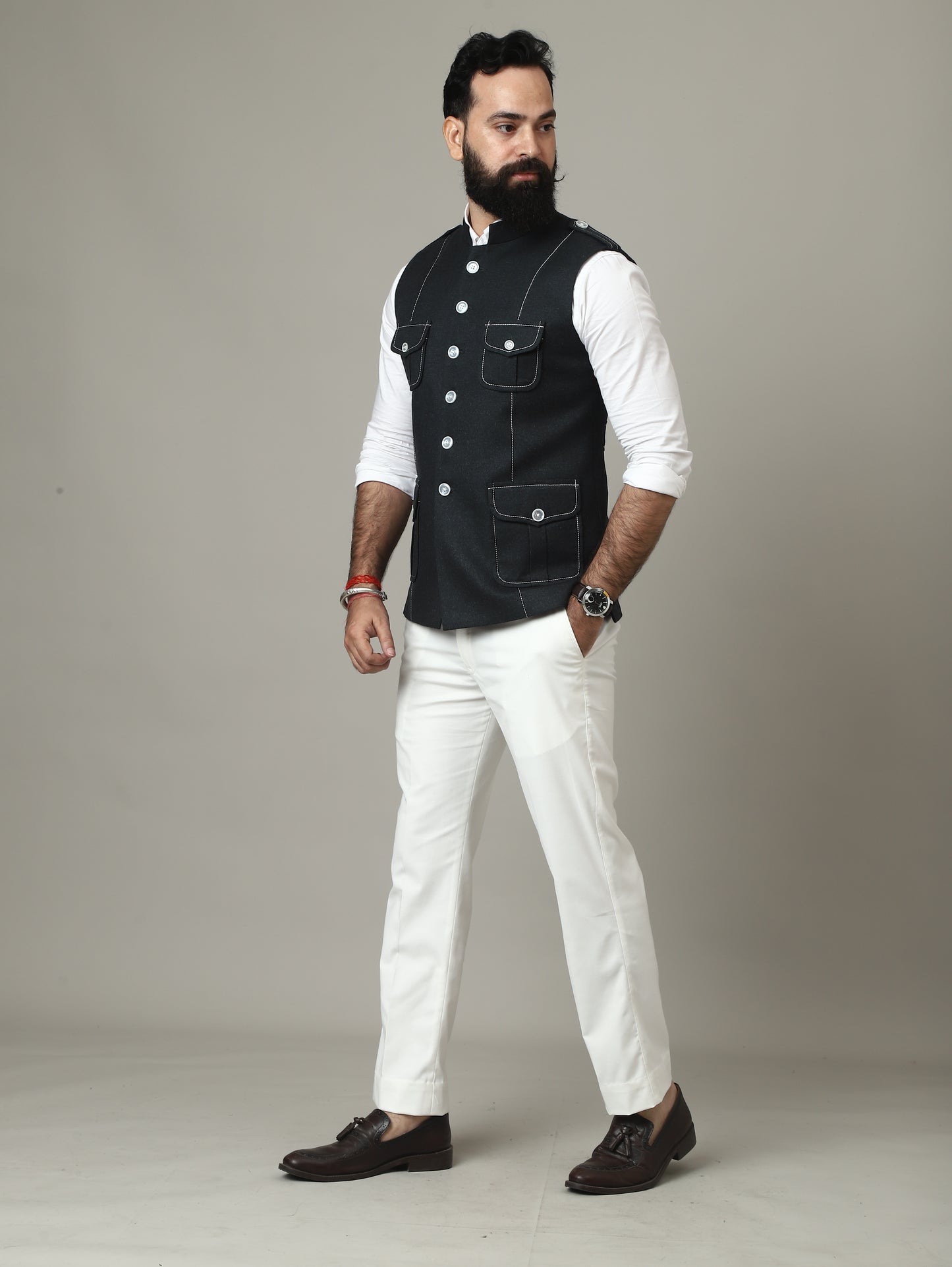 Black Tweed Semi-Hunting Waistcoat with Contrast Stitching