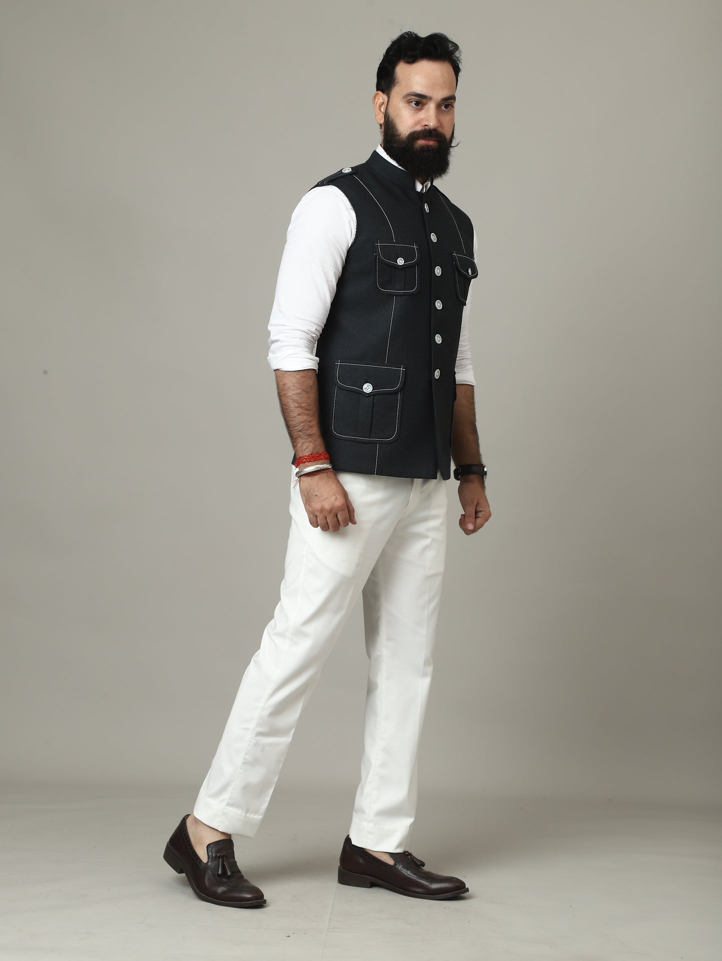 Black Tweed Semi-Hunting Waistcoat with Contrast Stitching