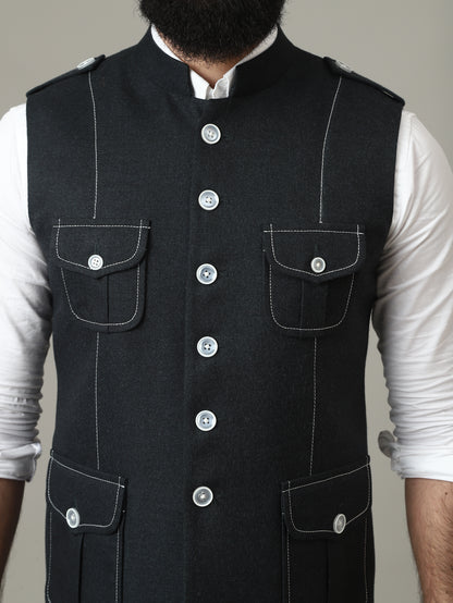 Black Tweed Semi-Hunting Waistcoat with Contrast Stitching