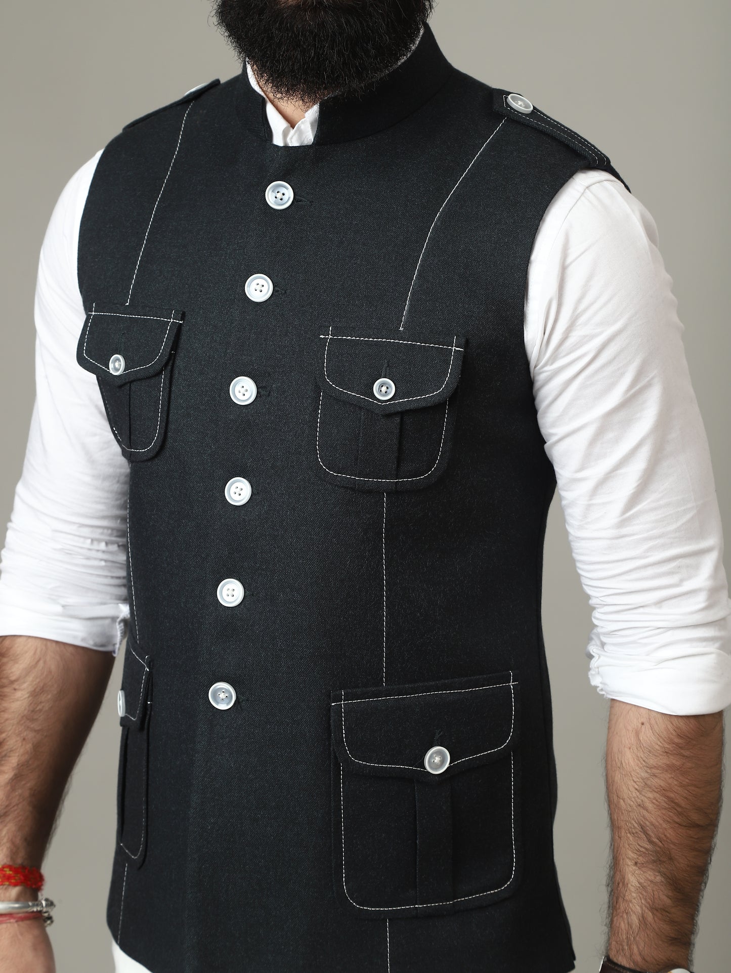 Black Tweed Semi-Hunting Waistcoat with Contrast Stitching