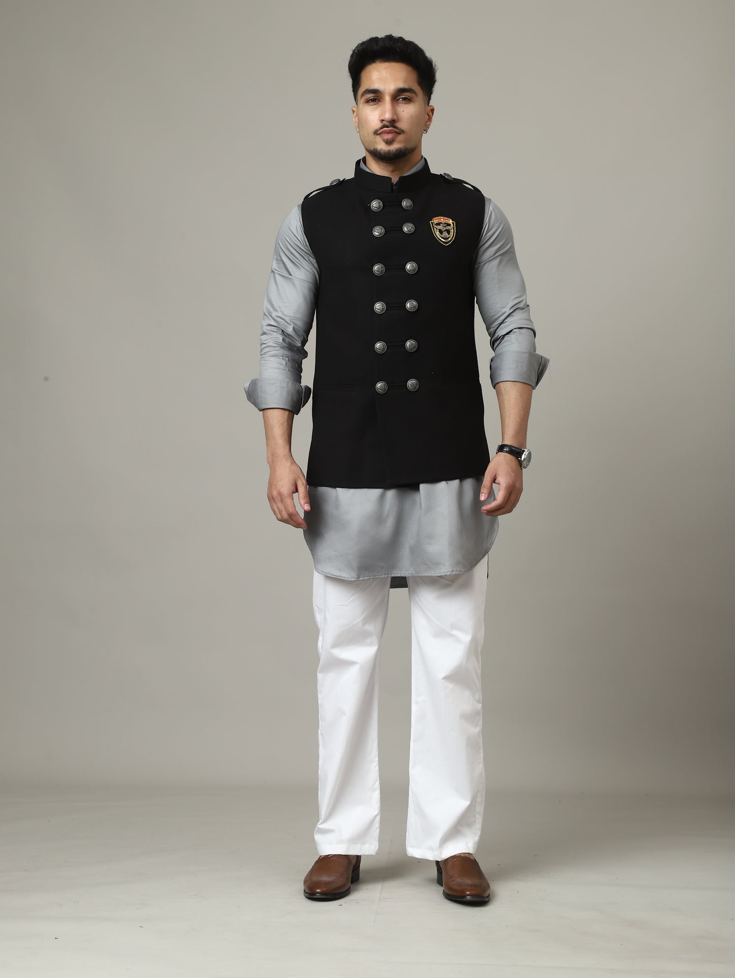 Black Royale Suede Waistcoat with Crest Buttons