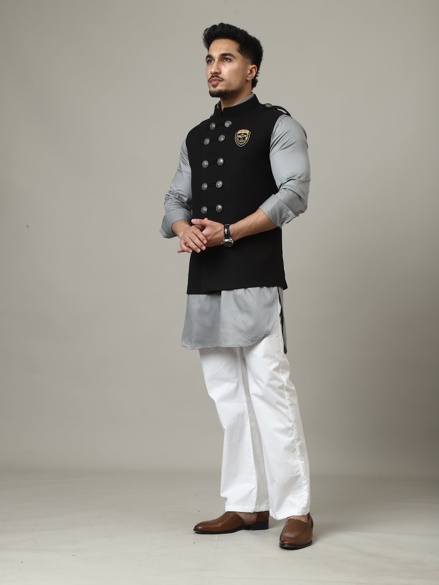 Black Royale Suede Waistcoat with Crest Buttons