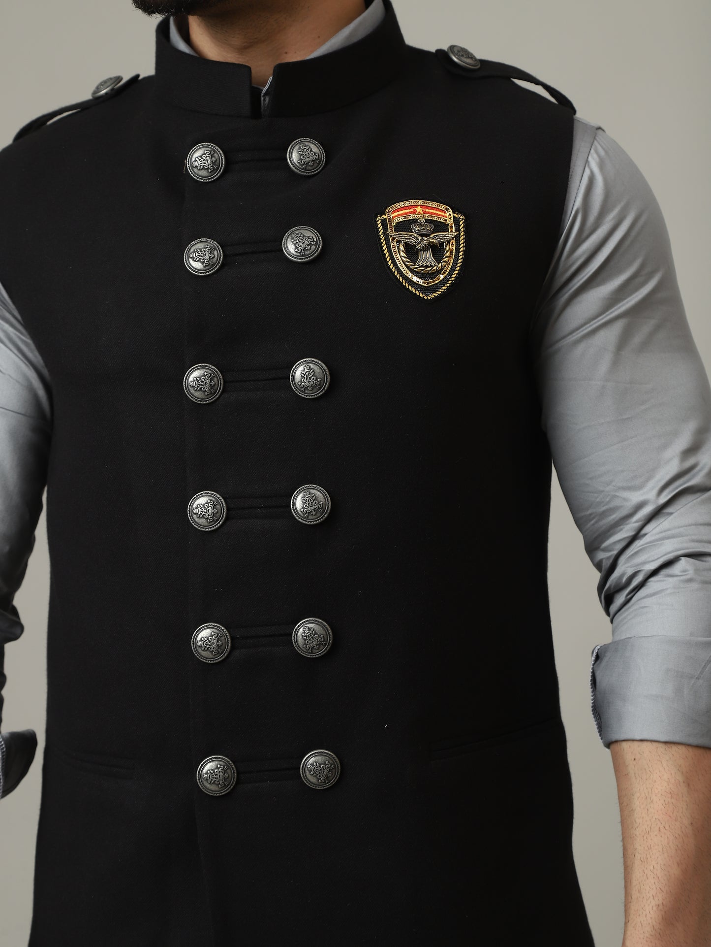 Black Royale Suede Waistcoat with Crest Buttons