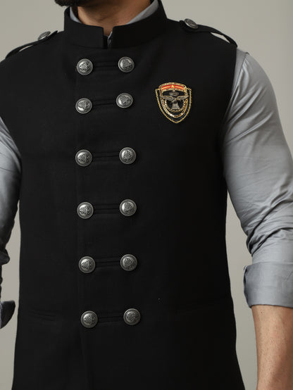 Black Royale Suede Waistcoat with Crest Buttons