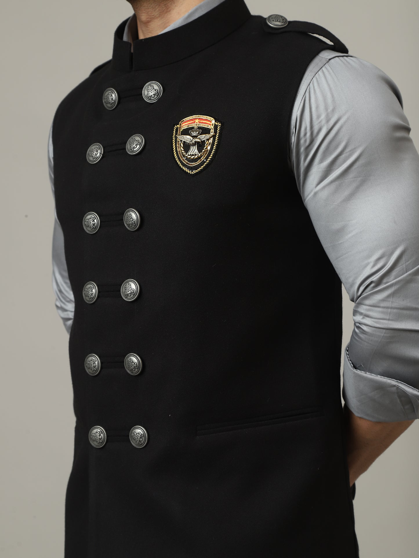 Black Royale Suede Waistcoat with Crest Buttons