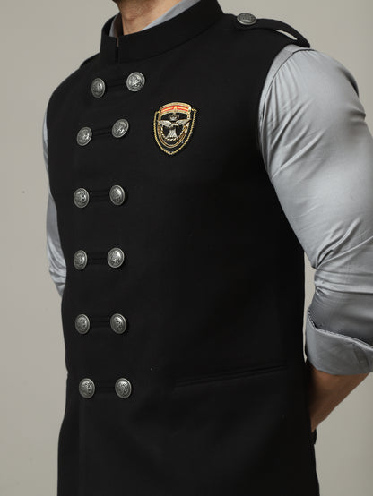 Black Royale Suede Waistcoat with Crest Buttons