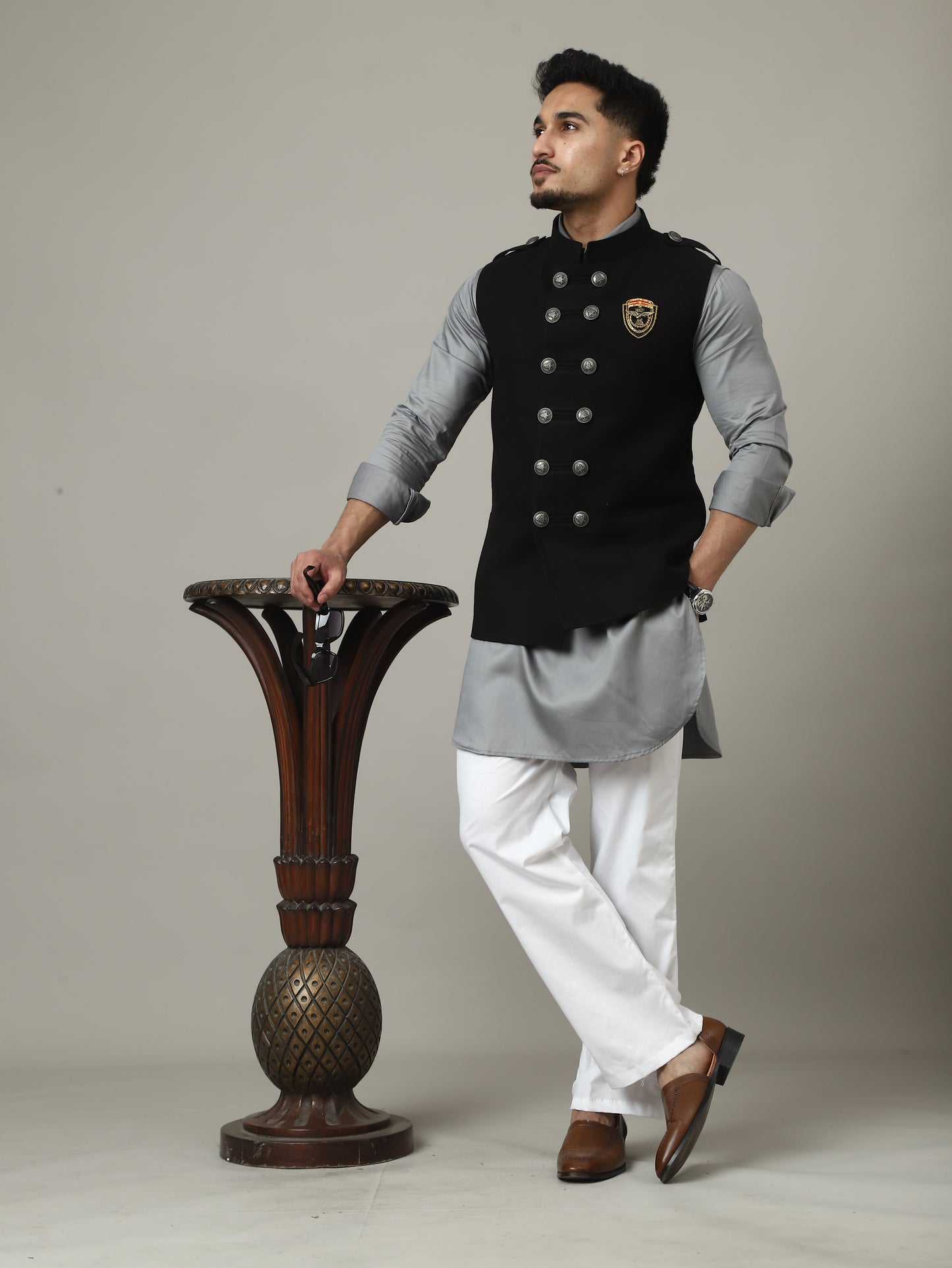 Black Royale Suede Waistcoat with Crest Buttons