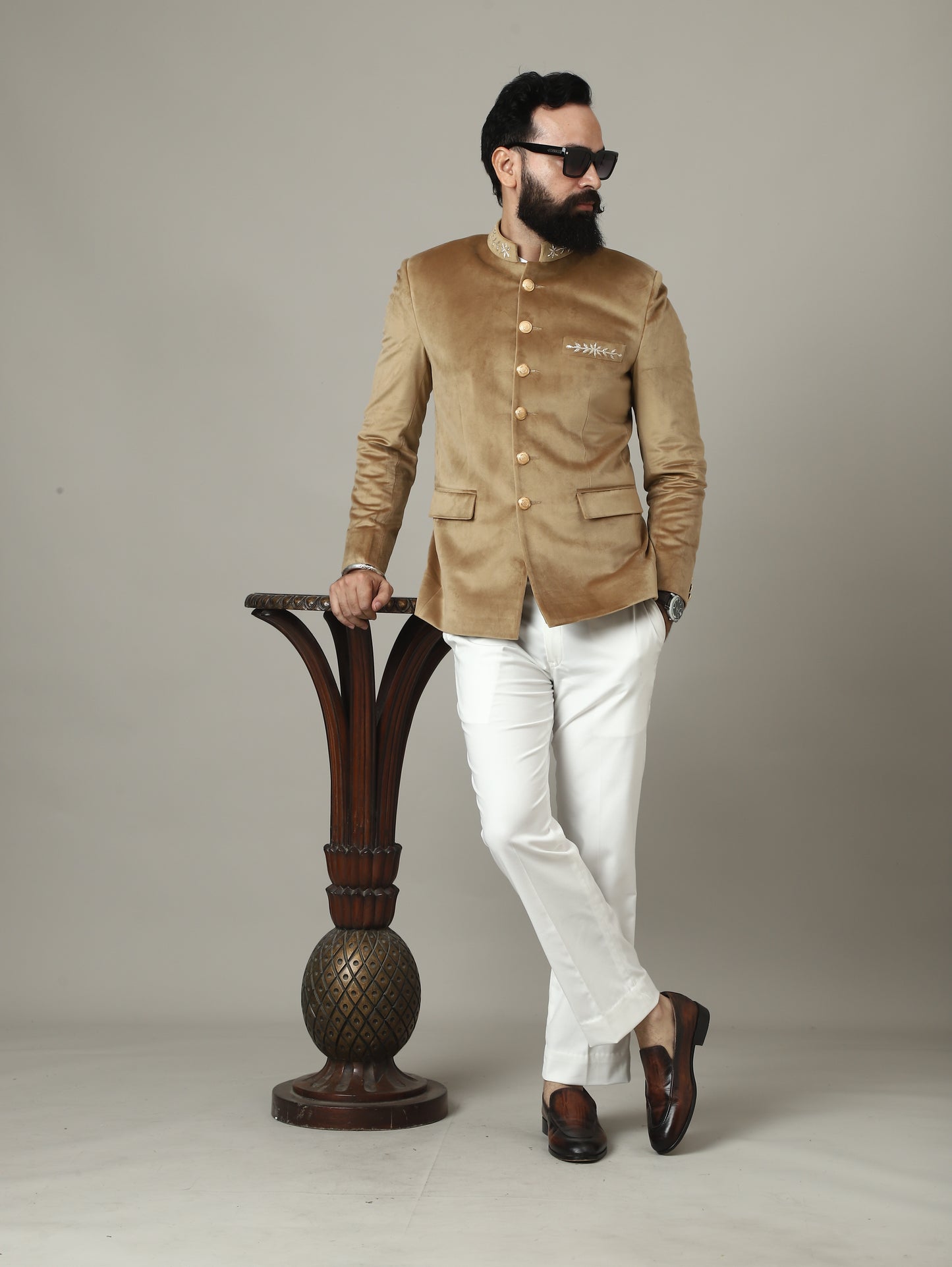 Golden Beige Velvet Bandhgala Jacket with Pants | Wedding & Festive Wear