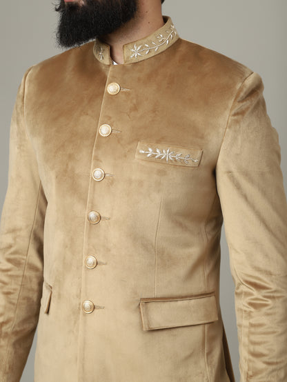 Golden Beige Velvet Bandhgala Jacket with Pants | Wedding & Festive Wear