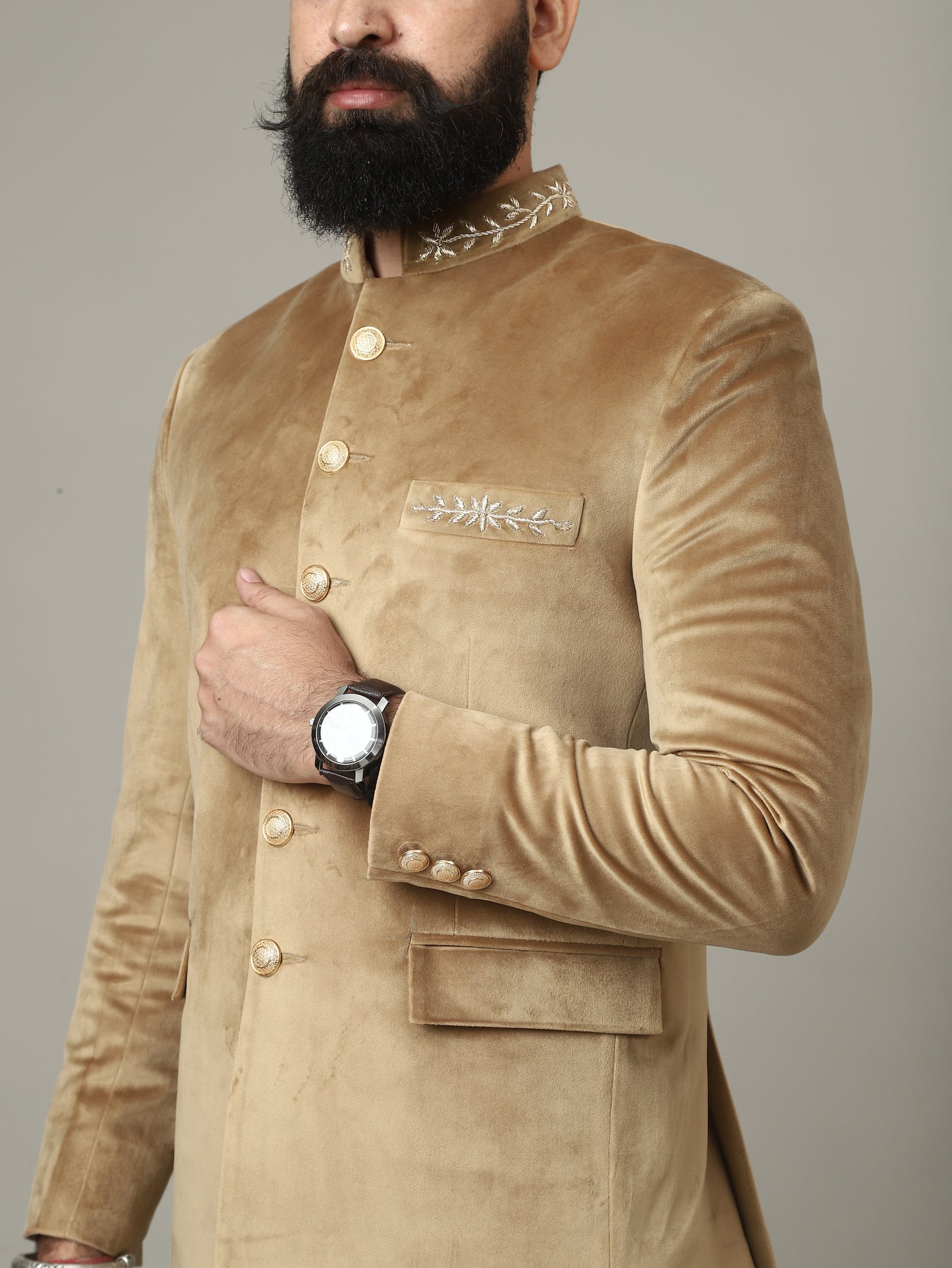 Golden Beige Velvet Bandhgala Jacket with Pants | Wedding & Festive Wear