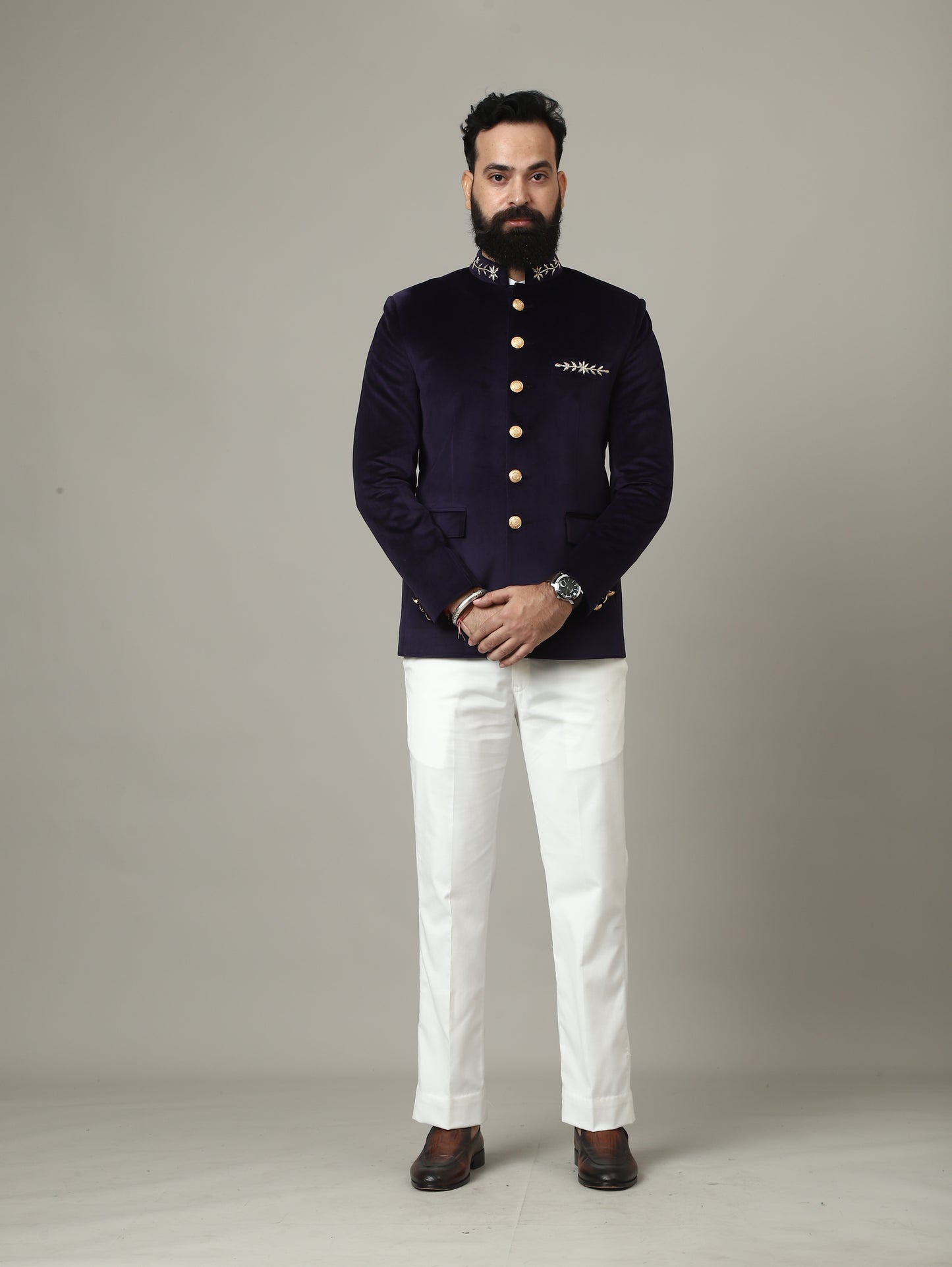 Purple Hand Embroidered Bandhgala with Ivory Pants | Reception & Wedding Wear